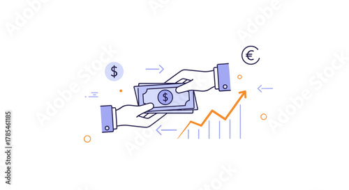financial transaction illustration with currency exchange and growth chart,