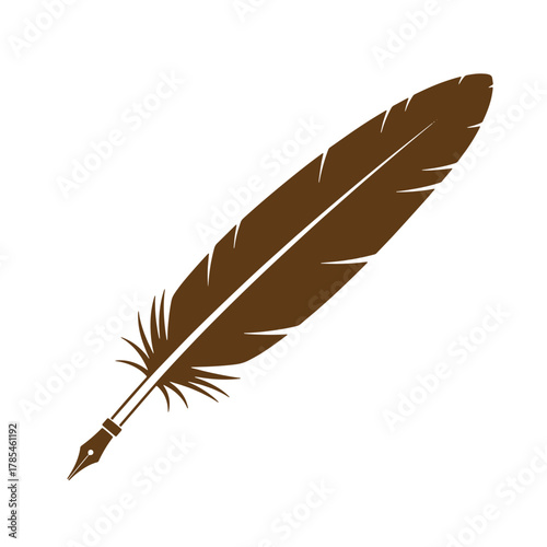 Elegant vintage art illustration depicting a brown quill pen feather on a white background