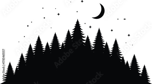 WebForest silhouette, pine trees, night sky, crescent moon, stars, wilderness, nature scene, tranquil landscape, black vector, outdoor serenity