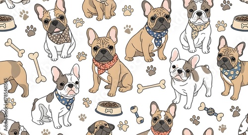 Dog seamless pattern french bulldog vector paw bone food bowl toy scarf isolated repeat wallpaper tile background illustration doodle