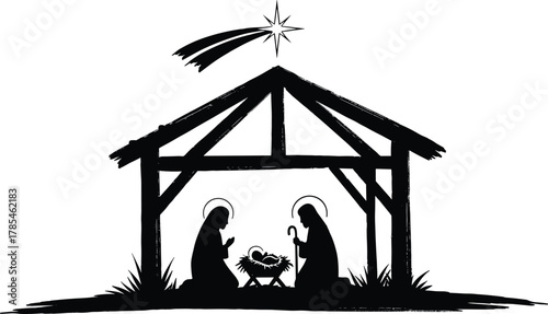 WebNativity scene silhouette, holy family in stable, baby Jesus in manger, Christmas star, religious illustration, Christian art, black background