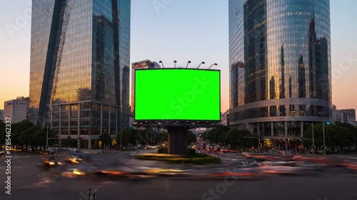 Wallpaper Mural Urban Cityscape Timelapse with modern billboard a green screen for advertising on busy crossroad street traffic and skyscrapers of at sunset loop video distortion, overlay, glitch, static noise, scan Torontodigital.ca