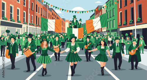A vibrant St. Patrick's Day parade fills the street with people in green, Irish flags, traditional music, and cheerful dancers celebrating the holiday.