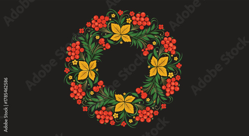 Traditional folk art wreath featuring vibrant red berries, green leaves, and yellow flowers on a black background.