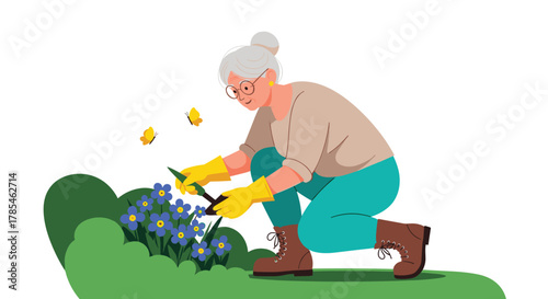An active senior woman with grey hair and glasses happily kneels in her vibrant garden, pruning beautiful blue flowers with shears as butterflies flutter.