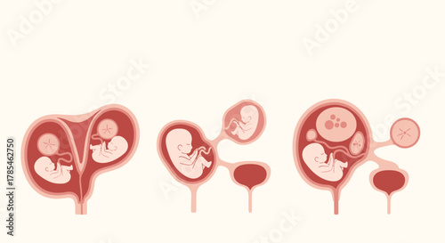 Medical illustrations depicting different types of twin pregnancies, including monochorionic-diamniotic and complex cases like vanishing twin syndrome.