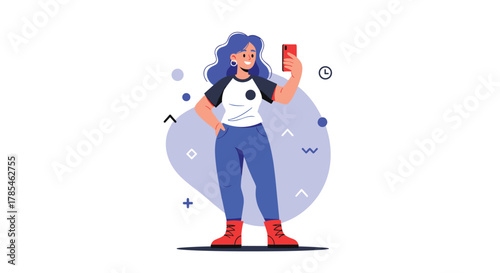 A cheerful young woman with vibrant blue hair takes a selfie with her red smartphone, captured in a stylish, modern flat-vector illustration.
