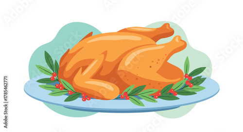 A beautifully roasted whole chicken or turkey, golden brown and garnished with festive leaves and red berries on a serving plate, ready for a holiday meal.