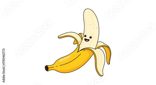 A cute and happy cartoon banana character, partially peeled and smiling cheerfully, standing isolated on a clean white background.