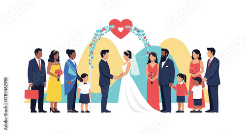 A diverse group of family and friends celebrate a wedding ceremony as a happy couple exchanges vows under a beautiful floral arch with a heart.