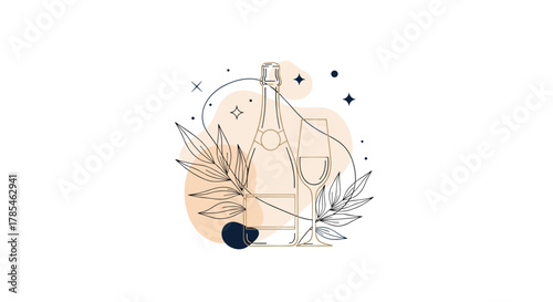 Stylish line art illustration featuring a champagne bottle and flute glass, adorned with delicate foliage, abstract forms, and celestial details.