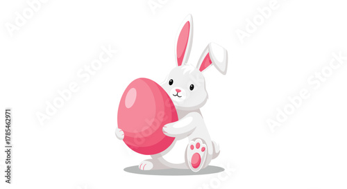 A charming white cartoon bunny holds a large pink Easter egg, embodying the festive spirit of spring holidays.