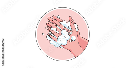 A detailed illustration of two hands being thoroughly washed with soap and water, emphasizing personal hygiene and cleanliness.