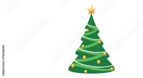 A festive, stylized green Christmas tree adorned with golden ornaments, white beaded garlands, and a shining golden star, on a white background.