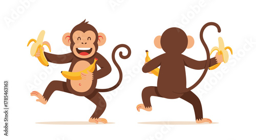A pair of happy cartoon monkeys celebrating and dancing with bananas, showcasing both front and rear views.