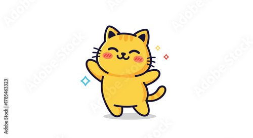 Adorable cartoon orange cat illustration standing cheerfully with its arms raised and rosy cheeks, surrounded by sparkling accents on white.