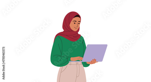 A smiling young woman wearing a red hijab and a green top is focused on typing on her lavender-colored laptop, actively working or studying.