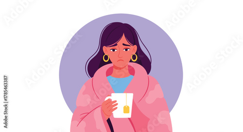 An unwell young woman, wrapped in a pink robe, holds a warm mug of tea with a teabag, looking downcast and seeking comfort.