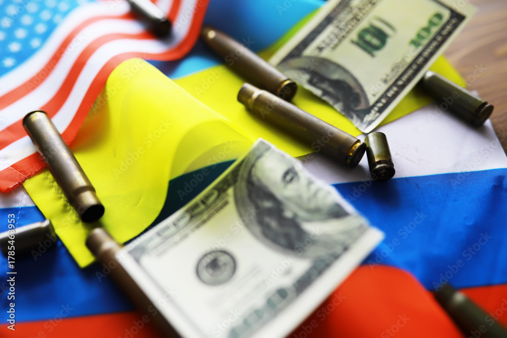 Fototapeta premium The concept of support in a military conflict. Solidarity. Politics. The flags are on the table.