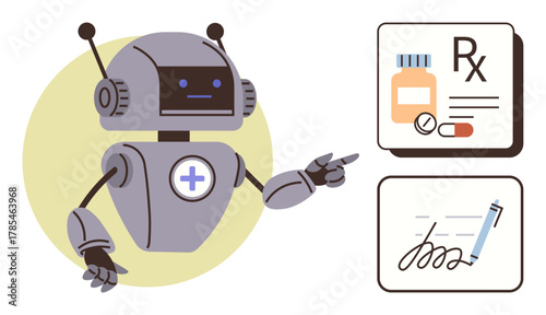 Robot with medical cross pointing to prescription pad, medicine bottle, capsules, and digital signature. Ideal for healthcare, AI, automation, efficiency, telemedicine digital transformation tech