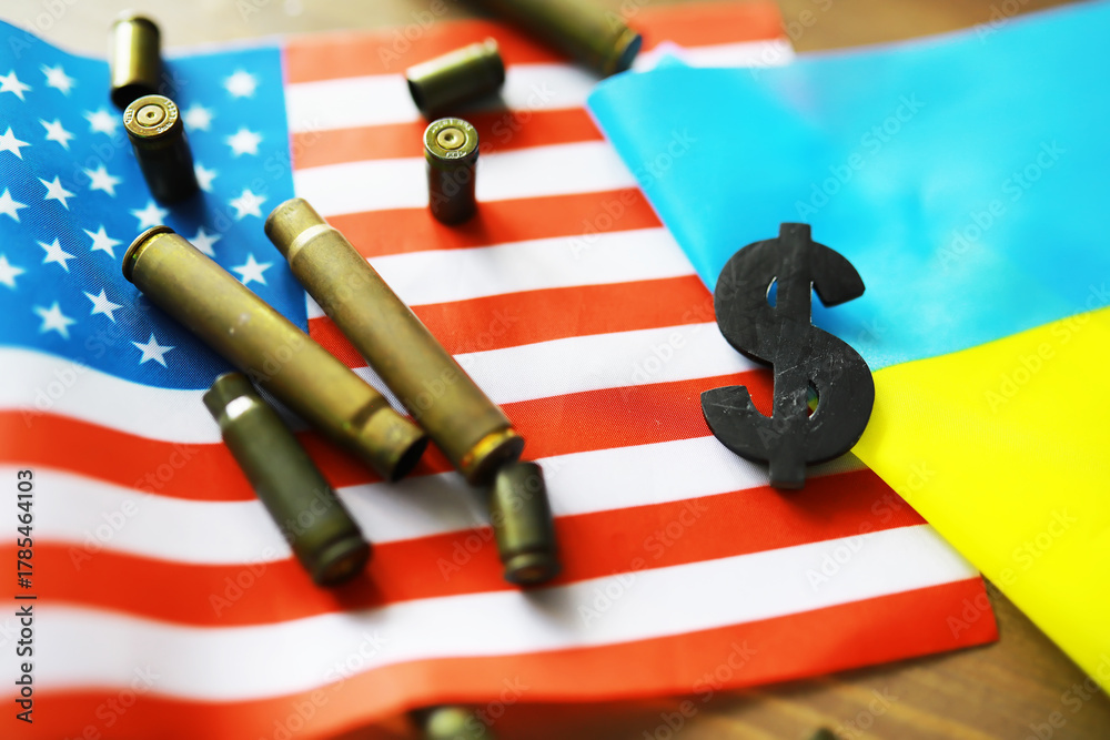 Fototapeta premium The concept of support in a military conflict. Solidarity. Politics. The flags are on the table.