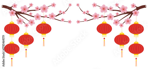 Chinese New Year red lanterns hanging on cherry blossom branches border