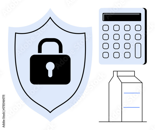 Lock on shield for security, calculator for data computation, archive box for storage. Ideal for security, finance, organization, storage, protection confidentiality corporate systems. Simple flat