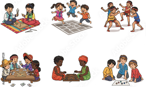 Multicultural Children Playing Traditional and Recreational Games Outdoors