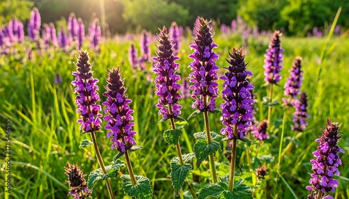 Fototapeta Naklejka Na Ścianę i Meble -  Close-up of vibrant purple wildflowers in a sunlit meadow, with green foliage and the warm glow of sunlight