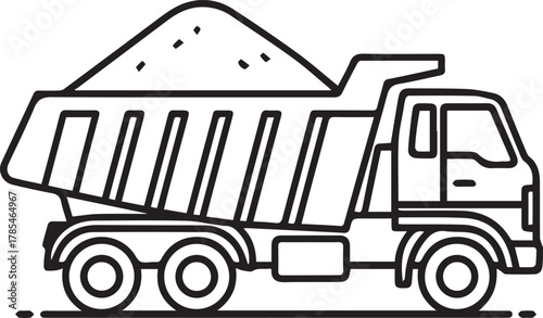 Powerful dump truck hauling materials for construction site project, essential for infrastructure development and industry growth vector illustration