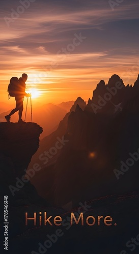 A silhouette of a hiker with a backpack standing on a rocky cliff during sunset, overlooking a mountain range with dramatic peaks and colorful sky, inspiring outdoor adventure and exploration