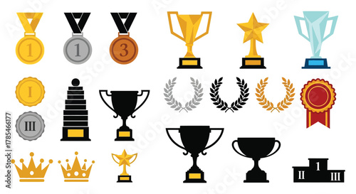 Vector illustration of awards trophies medals and victory design elements