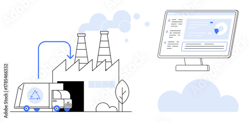Factory processing recyclable waste delivered by truck with a cloud-connected dashboard for analytics. Ideal for environmental sustainability, recycling, waste management, data monitoring, smart