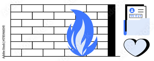 Brick firewall with blue flame, folder with personal data, and heart icon emphasize cybersecurity, data protection, and user trust. Ideal for privacy, security, tech, software firewalls web