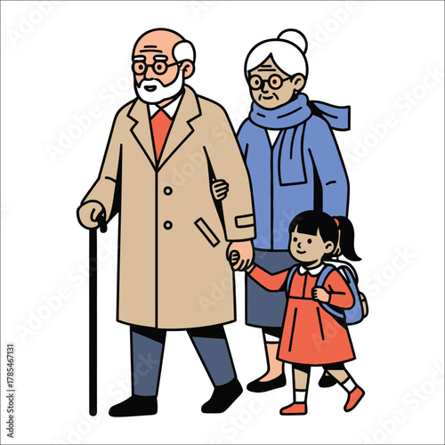 Elderly couple walking with granddaughter holding hands Keywords: grandfather, grandmother