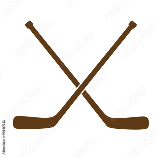 Brown hockey sticks crossed sport equipment emblem vintage art design isolated on white
