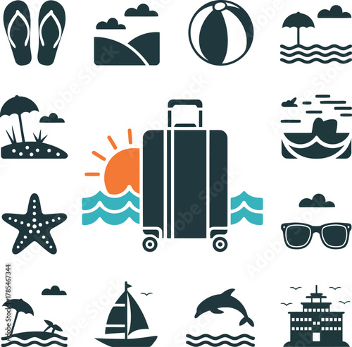Collection of flat icons representing beach vacation and travel elements flip flops