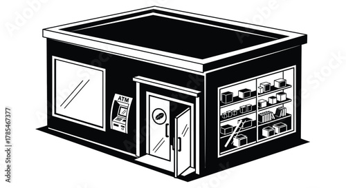 Convenience store atm door shelves products black and white illustration