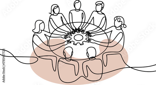 Diverse group of people hands touching gear at round table teamwork collaboration