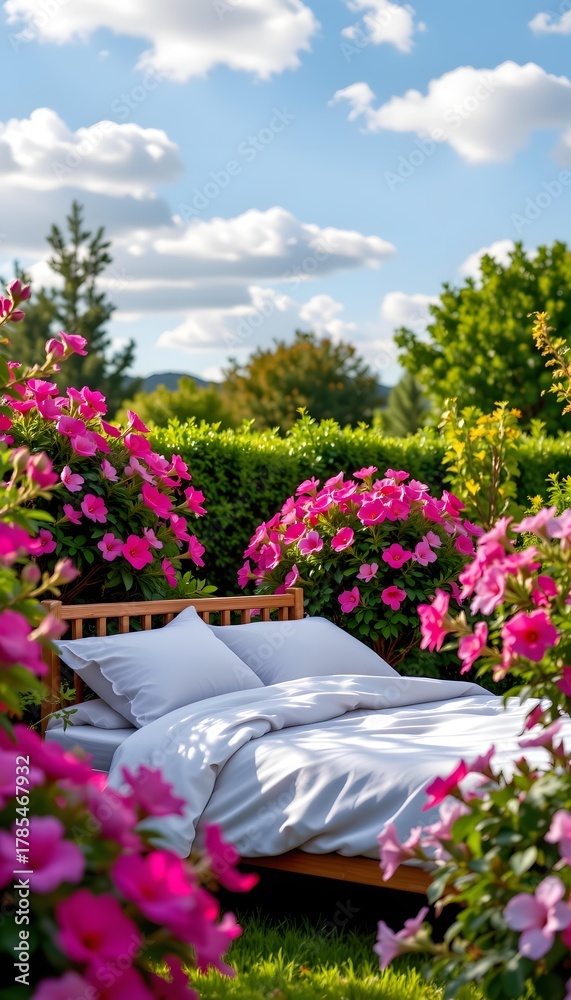 Fototapeta premium Serene Garden Retreat with Vibrant Pink Flowers Surrounding an Outdoor Bed under a Clear Blue Sky with Fluffy White Clouds