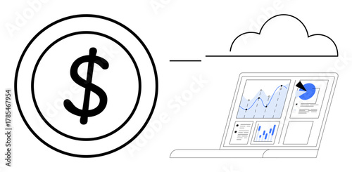 Dollar coin beside cloud-connected laptop displaying financial graphs and charts. Ideal for finance, cloud computing, digital economy, technology, business growth, financial analysis, simple flat