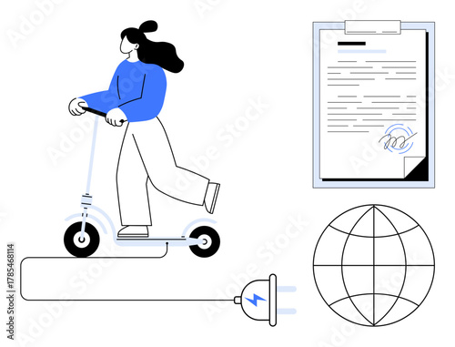 Woman using electric scooter, signed contract, globe symbol, and power plug representing sustainability, eco-friendly travel, global connections, renewable energy, legal agreements, modern commuting