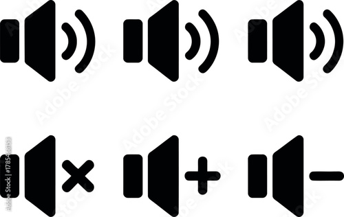 Six black speaker volume icons with sound waves and symbols audio