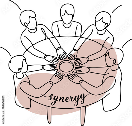 Six people hands touching gear in circle around table with synergy text teamwork
