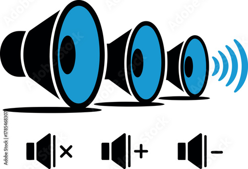 Three blue and black speakers with sound waves and volume icons audio music