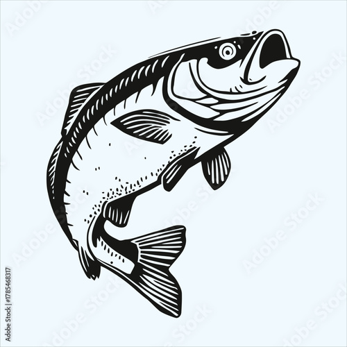 Black and white illustration of a jumping fish in water with plants isolated on white background
