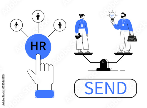 Human resources selection process with hand pressing HR, balancing qualifications and ideas with scale. Ideal for HR, recruitment, evaluation, teamwork, career, innovation, and decision-making