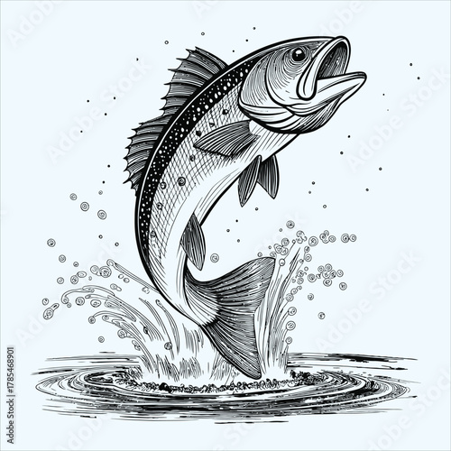 Detailed sketch of a largemouth bass jumping out of water isolated on white background