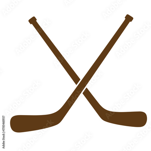 Crossed brown ice hockey sticks vintage art icon on a white background
