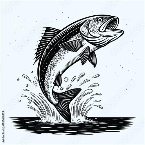 Detailed illustration of a leaping fish in black and white isolated on white background